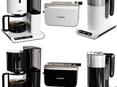 Modern BOSCH White And Black Kitchen Appliances With Coffee Maker Toaster And Kettle 3d model