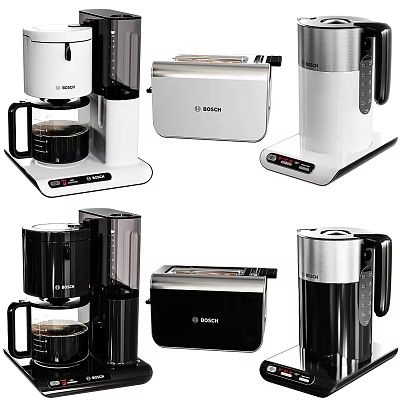 Modern BOSCH White And Black Kitchen Appliances With Coffee Maker Toaster And Kettle 3d model