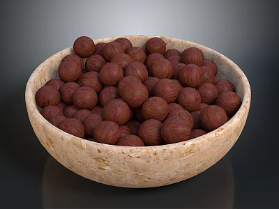 Natural Beige Stone Bowl Filled With Brown Nuts Against Dark Background 3d model