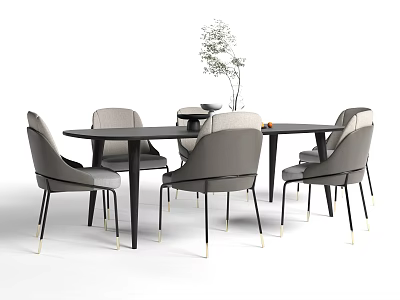 Modern Round Dining Table With Gray Upholstered Chairs And Potted Plant 3d model
