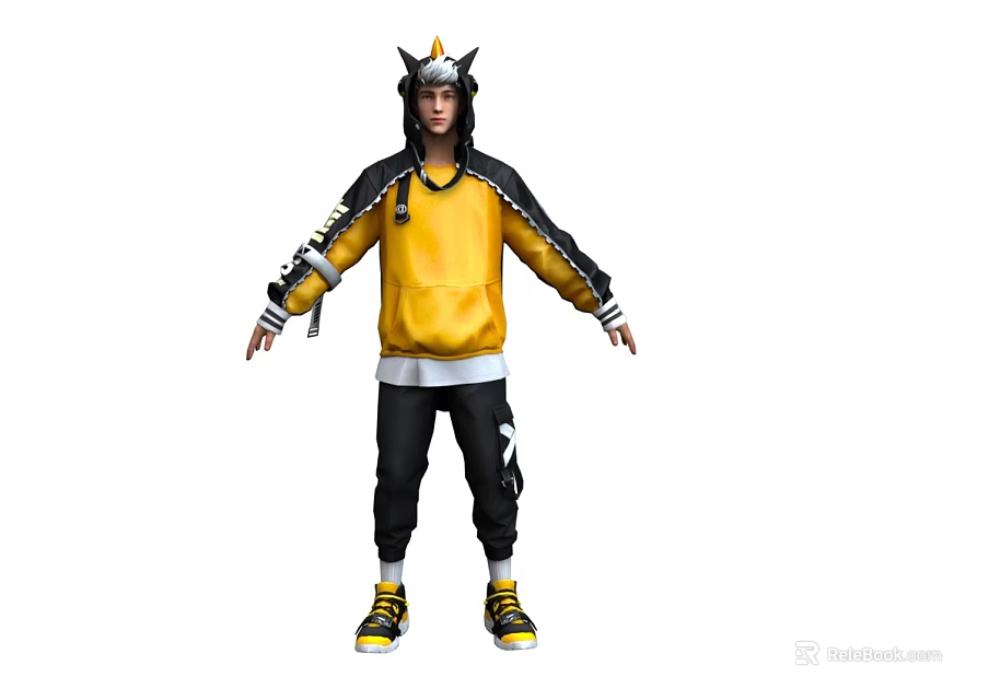 Man Wearing Yellow Horned Hoodie With Black Accents Black Pants And Yellow Shoes 3d model 