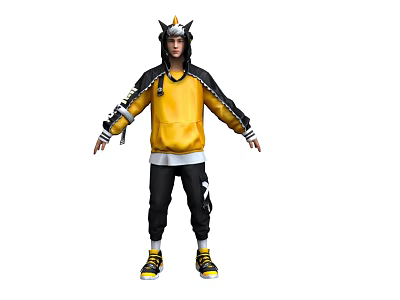 Man Wearing Yellow Horned Hoodie With Black Accents Black Pants And Yellow Shoes 3d model