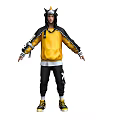 Man Wearing Yellow Horned Hoodie With Black Accents Black Pants And Yellow Shoes