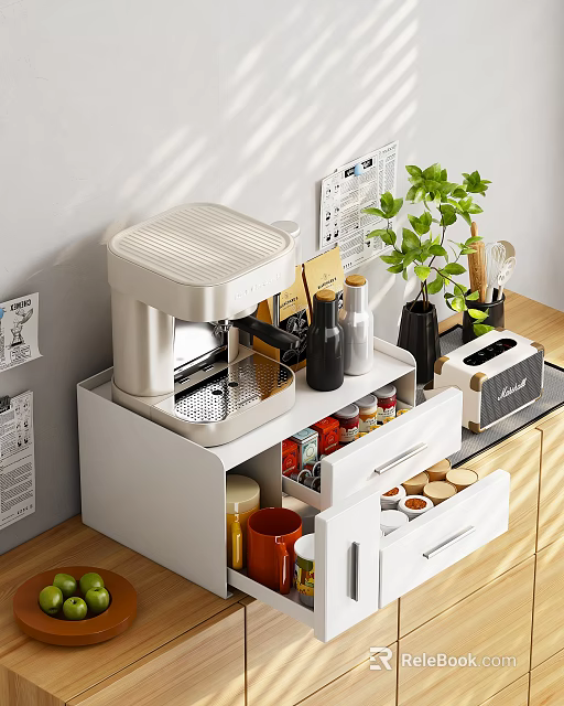 Modern White Kitchen Storage Shelf With Coffee Machine Toaster Plant And Spice Jars 3d model 