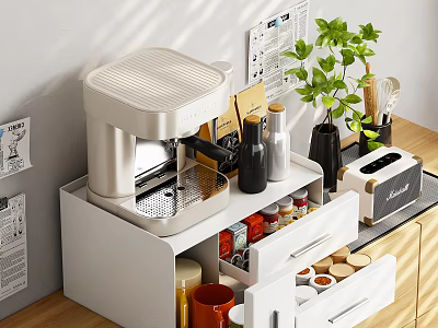 Modern White Kitchen Storage Shelf With Coffee Machine Toaster Plant And Spice Jars 3d model