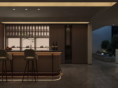 Modern Entertainment Room Interior Design With Bar Counter High Stools And Wine Rack 3d model