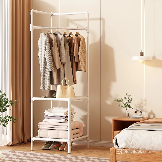 White Clothes Rack With Hanging Clothes Shelves Folded Towels And Handbag In Cozy Bedroom 3d model 