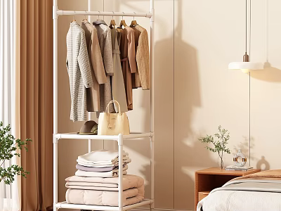 White Clothes Rack With Hanging Clothes Shelves Folded Towels And Handbag In Cozy Bedroom 3d model