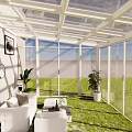 White Glass Enclosed Building With Green Grass Blue Sky And Indoor Plants Furniture