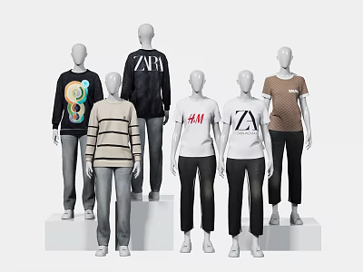 Models Wearing ZARA Sweaters HM T-shirts Striped Tops And Brown Tees On Display Stands 3d model