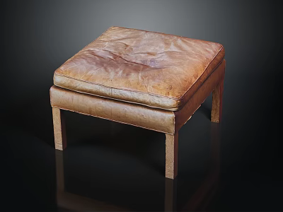 Modern Brown Leather Ottoman with Wooden Legs and Padded Seat 3d model