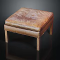 Modern Brown Leather Ottoman with Wooden Legs and Padded Seat