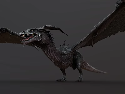 Black Dragon With Open Mouth Sharp Teeth And Wings Standing On Gray Background 3d model