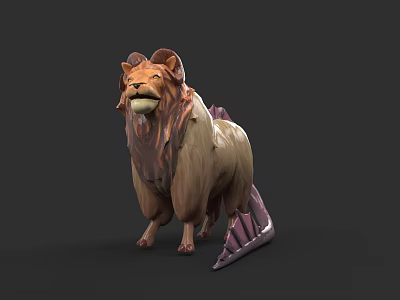 3D Lion Character Model With Brown Mane Beige Fur And Purple Accents 3d model
