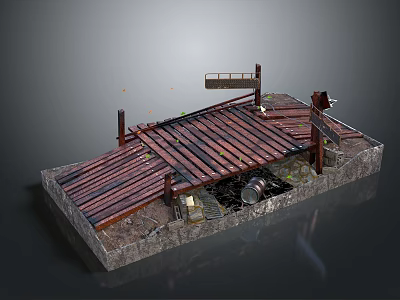 Rustic Wooden Platform 3D Model With Roof Structure Barrel And Stones 3d model