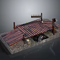 Rustic Wooden Platform 3D Model With Roof Structure Barrel And Stones