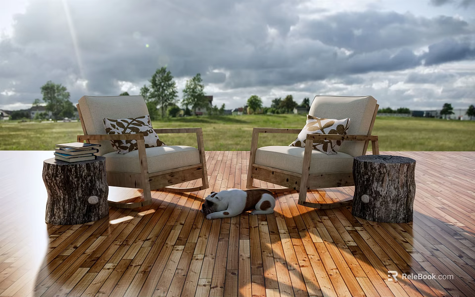 Outdoor Beige Chairs on Wooden Deck with Tree Stump Tables and Lying Dog Grass Trees 3d model 