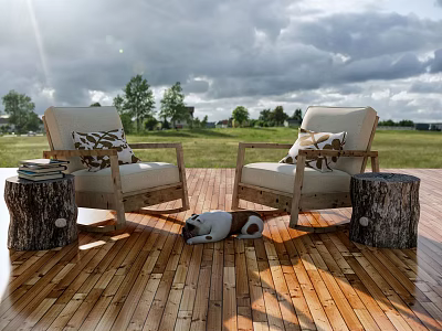 Outdoor Beige Chairs on Wooden Deck with Tree Stump Tables and Lying Dog Grass Trees 3d model