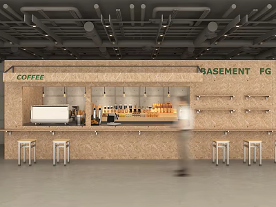 Modern Milk Tea Shop Interior With Bar Counter Stools Shelves And Industrial Lighting 3d model