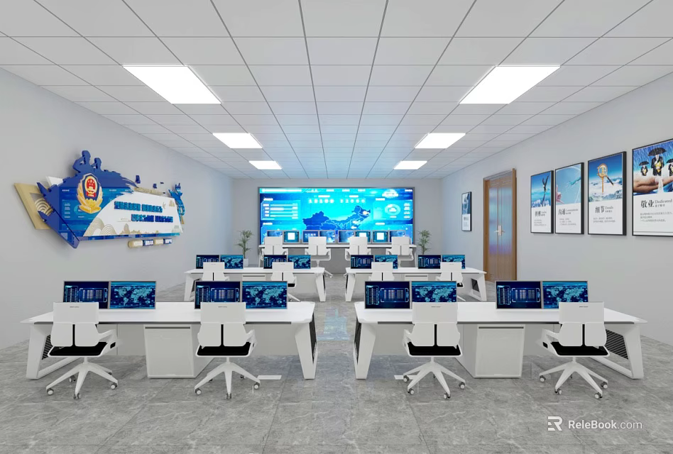 Modern Conference Room With White Desks Computers Large Screen And Wall Decorations 3d model 