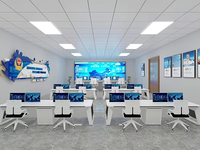 Modern Conference Room With White Desks Computers Large Screen And Wall Decorations 3d model