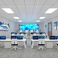Modern Conference Room With White Desks Computers Large Screen And Wall Decorations 3d model