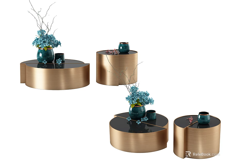 Modern Coffee Tables With Golden Bases Black Tabletops And Blue Flower Decor Items 3d model 