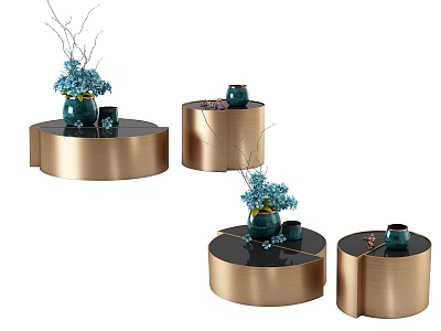 Modern Coffee Tables With Golden Bases Black Tabletops And Blue Flower Decor Items 3d model