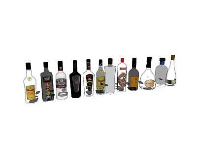 Various Wine Bottles and Glasses Collection with Different Shapes and Colorful Labels 3d model