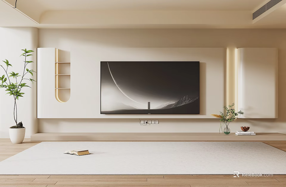 Modern TV Wall Interior Design With White Panel Wooden Flooring And Potted Plant 3d model 