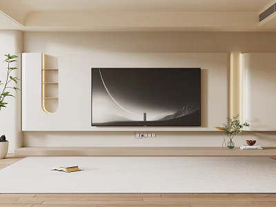 Modern TV Wall Interior Design With White Panel Wooden Flooring And Potted Plant 3d model