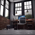 Home Office Desk With Brick Wall Large Windows Mountain View Computer And Chair