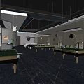 Elegant Billiard Room Interior With Green Tables Modern Lighting And Blue Patterned Carpet