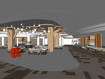 Spacious Modern Shopping Mall Lobby Interior With Chandeliers Wooden Columns And Tables 3d model