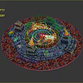 Cartoon Scene Featuring Circular Structure With Flaming Lava Bricks Green Foliage And Yellow Torches