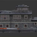 Cartoon Scene Featuring Wooden House With Gray Roof Multiple Windows And Small Red Boat
