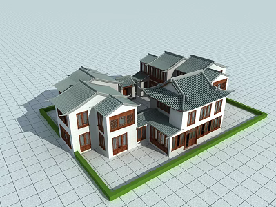 Traditional Chinese Ancient Building With Grey Tiled Roofs White Walls And Courtyard Layout 3d model