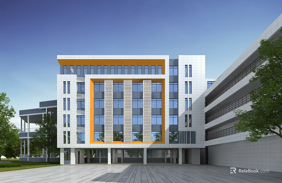 Modern School Building With White Orange Facade Large Windows Plaza And Trees 3d model