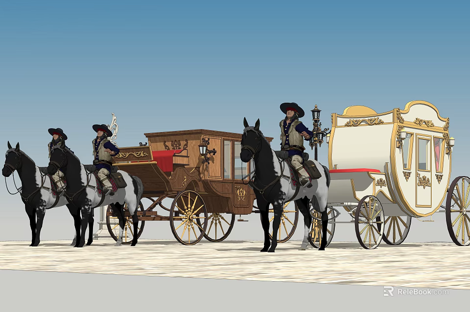 Reptile In Historical Scene With Horse Drawn Carriages And Riders 3d model 