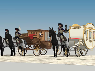 Reptile In Historical Scene With Horse Drawn Carriages And Riders 3d model