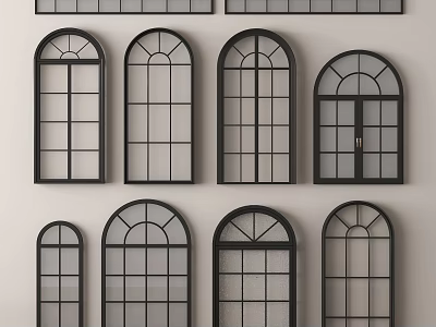 Different Arched Window Styles With Black Frames Displayed On White Wall 3d model