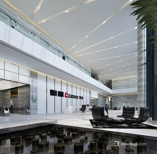 Modern Lobby Front Desk Reception Interior Design With Marble Walls Ceiling Lighting And Black Chairs 3d model 