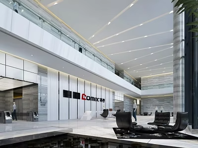 Modern Lobby Front Desk Reception Interior Design With Marble Walls Ceiling Lighting And Black Chairs 3d model