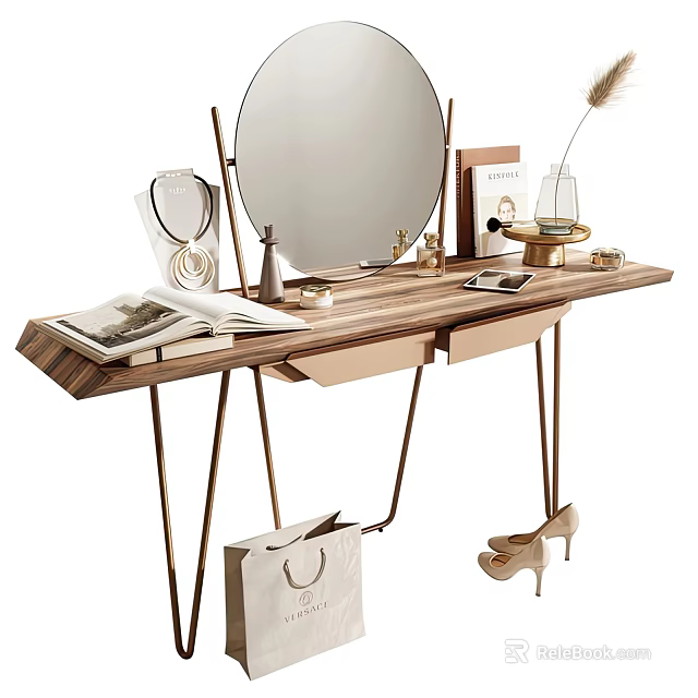 Modern Dressing Table With Wooden Top Metal Legs Round Mirror And Cosmetics Magazines Decorative Items 3d model 