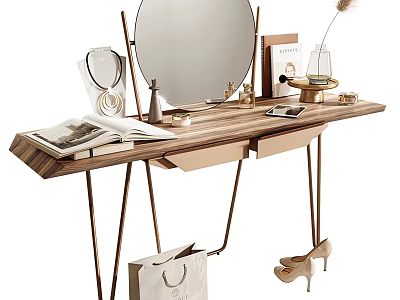 Modern Dressing Table With Wooden Top Metal Legs Round Mirror And Cosmetics Magazines Decorative Items 3d model
