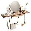 Modern Dressing Table With Wooden Top Metal Legs Round Mirror And Cosmetics Magazines Decorative Items