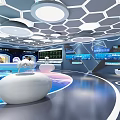 Modern Tech Exhibition Hall With Hexagonal Ceiling Blue Floor White Podiums And Screens