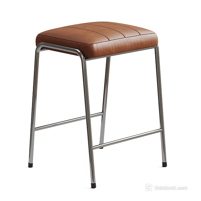 Tall Bar Stool With Brown Leather Stitched Seat And Silver Metal Frame Legs 3d model 