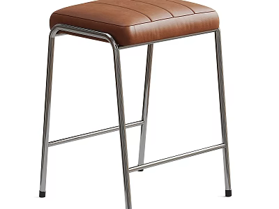 Tall Bar Stool With Brown Leather Stitched Seat And Silver Metal Frame Legs 3d model