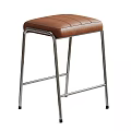 Tall Bar Stool With Brown Leather Stitched Seat And Silver Metal Frame Legs